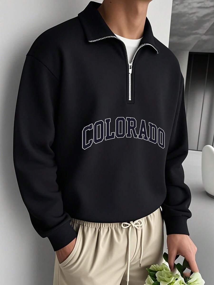 男士休闲时尚百搭字母印花拉链领卫衣，秋冬款 - 黑色 - 查看 1