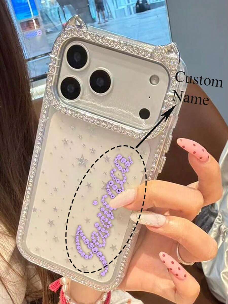 Étui de téléphone personnalisé avec oreilles de chat en cristal de luxe étincelant et nom personnalisé, compatible avec 17 Pro Max, 17 Pro, 16, 15, 14, 13, 12, 11 Pro Max, 16, 15 Plus