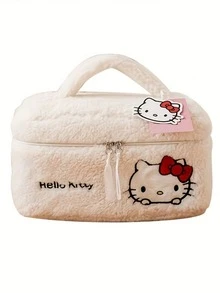1pc Sanrio Teddy Bear Plush Large Capacity Cosmetic Bag, Cartoon Fashion Soft Travel Makeup Pouch, High-Quality, Zipper Closure, Suitable For Girls
