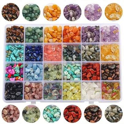 Natural Chip Stone Beads 24 Colors About 6g/9g Per Grids Irregular Gemstones Healing Crystal Loose Rocks Bead Hole Drilled DlY For Bracelet Jewelry Making Crafting (4-8mm)