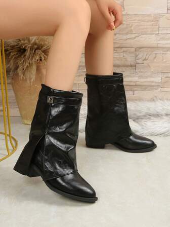 Botas de tacón grueso con punta puntiaguda, nuevas para otoño/invierno 2025. Botas cortas plisadas y de moda para mujeres