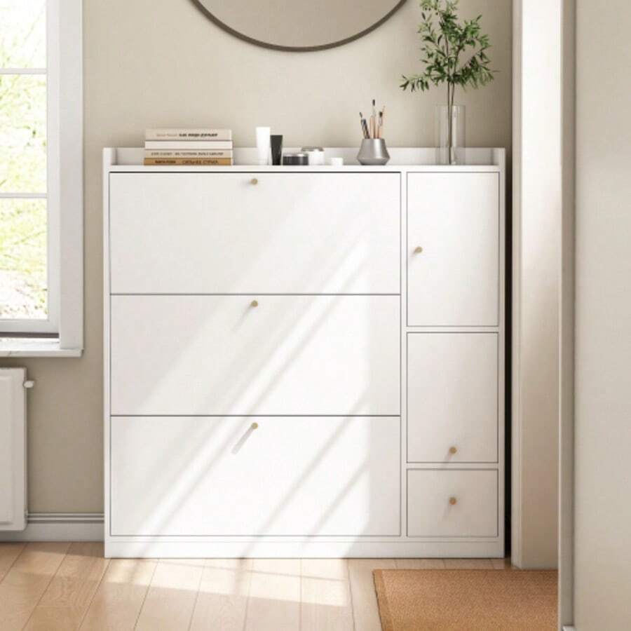 Old Kipp-Schuhschrank Mit 3 Klappschubladen, Stauraum-Eingangsorganizer Mit Schublade, Freistehendes Schuhregal Mit Herunterklappbarer Sitzbank Für Den Flur, White, 119*24*122 - White - View 1