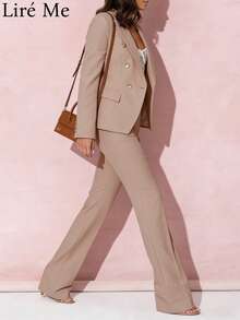 Liré Me Women's Professional Suit Long-Sleeve Double-Breasted Solid Color Stand Collar Blazer - 卡其色 - 查看 7