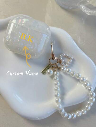 Customized Letter Name Earphone Case (With Heart Pearl Hanging Chain) - Premium Shell Pattern + Pearl Hanging Chain Earphone Case Compatible With Apple 2/3/4/Pro/Pro 2/Pro 3, Shock-Proof Protective Cover, Personalized, Christmas Gift, Back To School, Valentine's Day Gift, Good Birthday Gift, Holiday Gift, Gift For Him/Her, Personalized Gift, Custom Gift For Spouse, Anniversary Gift, Wedding Gift, Personalized Gift For Parents