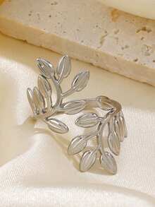 1pc Stainless Steel Minimalist 18K Gold Plated Leaf Open Ring, Suitable For Women's Daily Wear - Multicolor - View 8