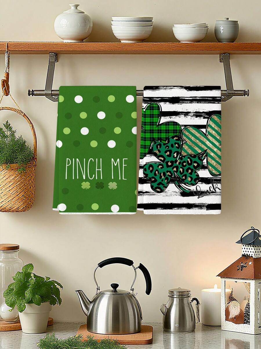 Bộ 2 khăn lau bếp hình cỏ ba lá may mắn ngày lễ Thánh Patrick, kiểu dáng cổ điển, thích hợp để rửa chén, trang trí nhà bếp, lau dọn hàng ngày trong nhà bếp và phòng ăn, cũng có thể dùng làm đồ trang trí nhà cửa mùa đông. - màu xanh lá - Xem 1