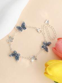 1pc Fashionable & Delicate Blue Crystal Rhinestone Butterfly Bracelet, Elegant & Refreshing