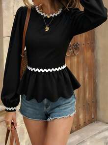Women Bow Tie Back Tops Contrast Ric Rac Long Sleeve Ruffle Hem Crewneck Shirts For Fall Spring - Black - View 4
