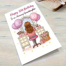 "1pc Sweet Granddaughter 10th Birthday Card With Envelope (11cm16cm&4.33in6.29in) - Vanity Desk Design, Perfect For Wishing An Amazing Granddaughter, Greeting Card|Happy 10th Birthday Granddaughter Vanity Celebration Card|Paper Greeting Card" - Multicolor - View 8