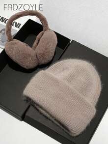 1 Earmuff + 1 Knitted Hat, Coffee Brown