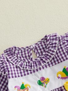 Toddler Girl Mardi Gras Dress Mask Star Embroidery Plaid Print Long Sleeve Ruffle Dress Kids Carnival Holiday Outfit - 紫色 - 查看 3