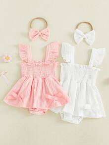 Conjunto de 2 piezas para niña bebé, sin mangas, cuello cuadrado, color liso, con volantes, vestido, diadema con lazo - Blanco - Ver 8