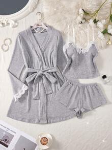 全新 4 件纯色性感舒适睡袍套装 撞色蕾丝袖口配套腰带睡袍可调节肩带深 V 领撞色蕾丝蝴蝶结装饰上衣弹力腰短裤女式性感舒适睡袍套装