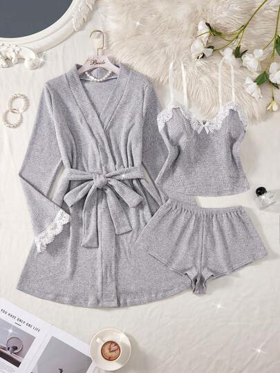 全新 4 件纯色性感舒适睡袍套装 撞色蕾丝袖口配套腰带睡袍可调节肩带深 V 领撞色蕾丝蝴蝶结装饰上衣弹力腰短裤女式性感舒适睡袍套装