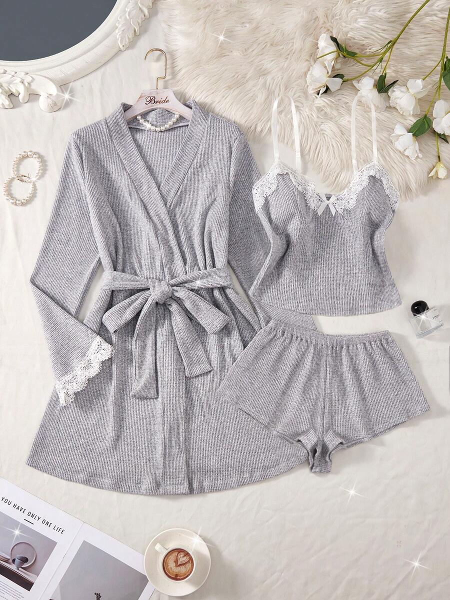 全新 4 件纯色性感舒适睡袍套装 撞色蕾丝袖口配套腰带睡袍可调节肩带深 V 领撞色蕾丝蝴蝶结装饰上衣弹力腰短裤女式性感舒适睡袍套装