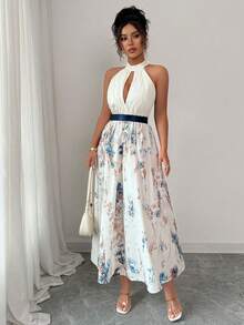 1pc Elegant Woven Fabric Pleated Dress, Suitable For Vacation, Daily Wear, Beach, All Seasons - Blue and White - View 5