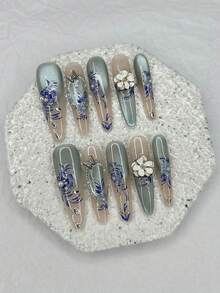 10片冰蓝色猫眼花朵手工美甲贴纸，渐变仿珍珠青瓷色，可移除可重复使用美甲用品（1片果冻贴纸+1个指甲锉）手工按压式美甲 - 藍色 - 查看 4