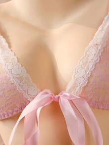 Women 2 Pieces Lingerie Nightwear Set, Lace Patchwork Bowknot Front Sleeveless Bra Ruffles Thong Sleepwear Suit - 粉色 - 查看 7