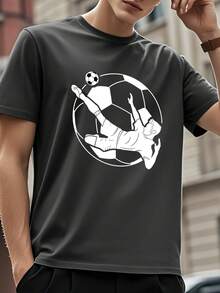 Camiseta gráfica de jugador de fútbol para hombres - Casual negra de manga corta con diseño de balón de fútbol blanco y jugador, perfecta para eventos deportivos, fanáticos del fútbol y entusiastas del deporte, accesorios de fútbol - Negro - Ver 3