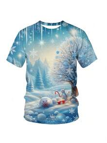 Men's 3D Winter Snow Scene T-Shirt With Reindeer & Snowflake Print - -Like Texture Short Sleeve, Breathable Soft Fabric (S-XXXL) - Christmas Holiday Party Outfit, Casual Winter Wear, Machine Washable - All-Over Full-Body Pattern Design - Màu sắc hỗn hợp - Xem 3