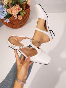 Zapatos de mujer de moda con hebilla de unicolor retro básico de piel de PU, adecuados para playa, boda, fiesta, oficina, exterior, hogar, primavera/verano, casual con patrón de diamante de piel de PU con hebilla para vacaciones - Beis - Ver 7
