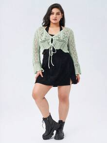 Lightweight Hollow Crochet Cardigan, V-Neck With Drawstring, Long Ruffle Sleeves, Slightly Stretchy