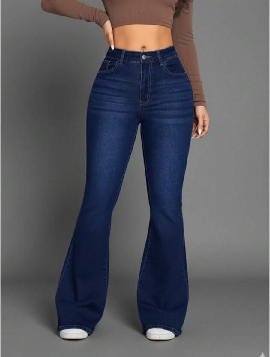 Women's Classic Style Dark Wash Flare Pants With A High Waist That Elongates The Silhouette, Offering Comfort And Elegance. Ideal For Everyday Wear, Work, Or Social Events, With A Perfect Fit To Enhance Curves And Create Modern, Sophisticated, And Versatile Looks. - Rửa tối - Xem 1