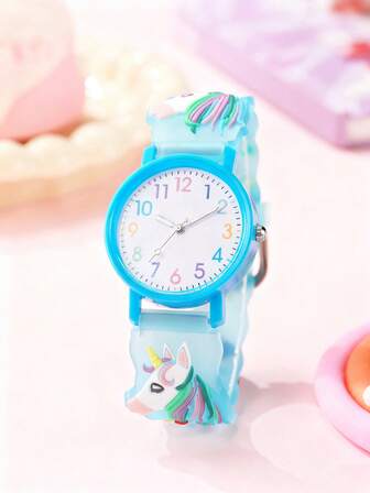 1pc/Set Creative Unicorn Themed Watch For Teens, Colorful Silicone Strap With Cake & Firework Decor, Versatile Cute Wristwatch For Teens, Great For Year-End , Birthday Gift