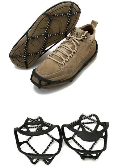 2 stycken svarta gummiskyddande skotillbehör Fjäderbelastade isskor designade för utomhusvandring och bergsklättring Viktiga för vintersport, förbättrar ytgreppet för isvandring och bergsklättring