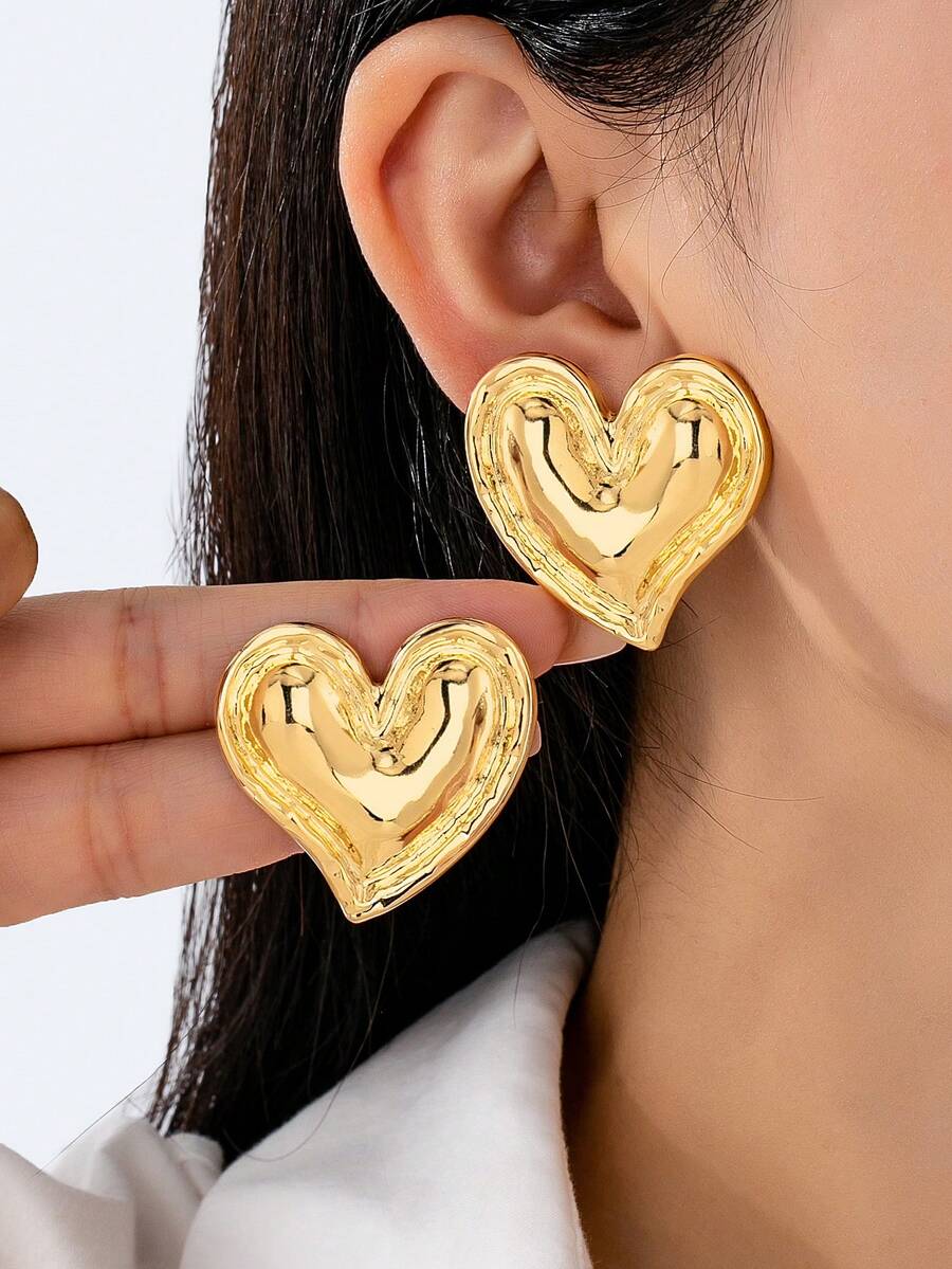 1对心形不对称耳钉，简约百搭，情人节创意礼物 - 金色 - 查看 1