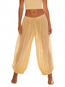 Womens Lantern Pants Casual Loose Fit Stylish Solid Color Drawstring Mid Rise Trousers - Yellow - View 4