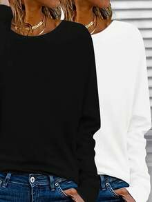 2pcs Women Casual Long Sleeve Solid Crew Neck T-Shirts, Tops - Black and White 2-piece Set - View 1