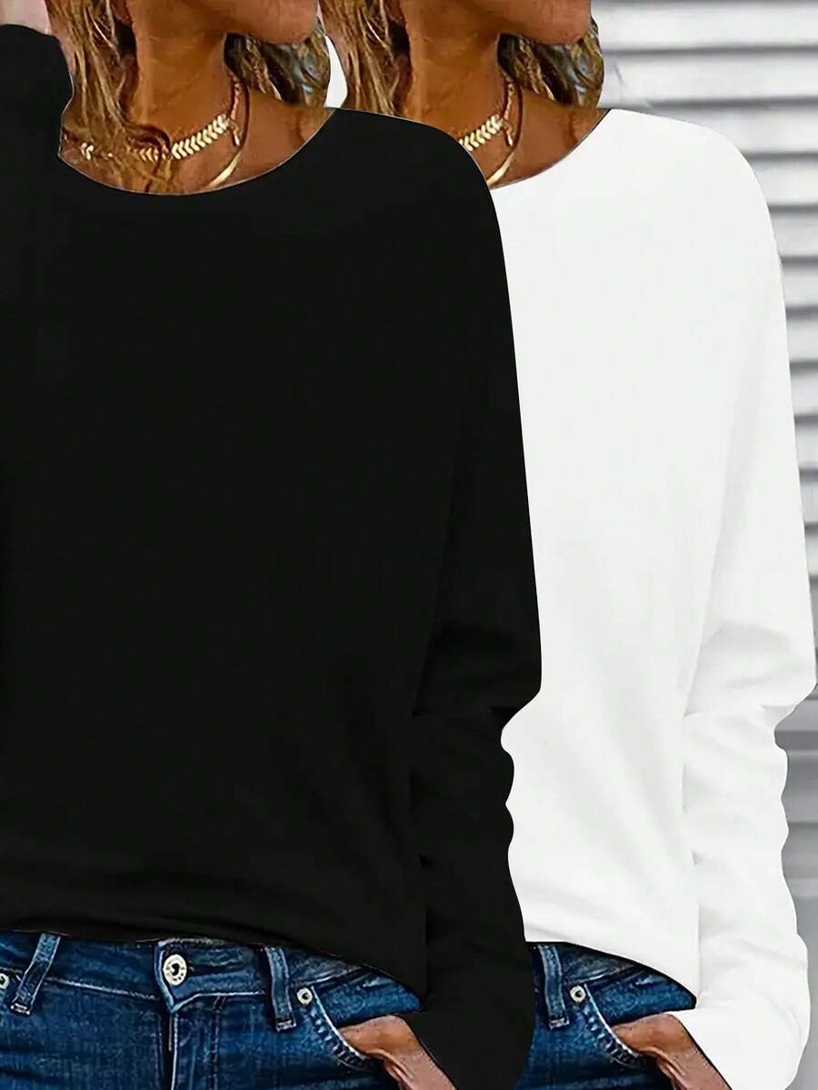 2pcs Women Casual Long Sleeve Solid Crew Neck T-Shirts, Tops - Black and White 2-piece Set - View 1