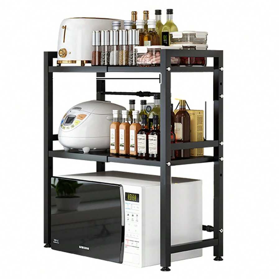 3-Tier Expandable Microwave Rack - Adjustable Kitchen Shelf Stand For Countertop Storage - Black - View 1
