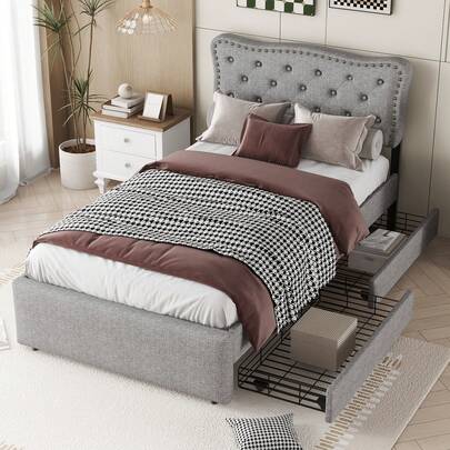Flat Bed 90 X 200 Cm, Upholstered Bed, Upholstered Bedside Table With Decorative Nails, Double Drawer, Grey