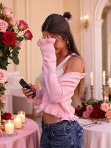 FOR BEAUTY Spring/Summer New Pink Lace Round Neck Floral Puff Sleeve Knit Sweater, Romantic & Soft Casual Style Suitable For Commuting - Pink - View 4