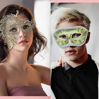 2pcs Gold Lace Peacock Couple Masks, Carnival, Mini People, Madras, Party, Cosplay, Fashion Show, Wedding, Masquerade - Lace Material, No Power Required