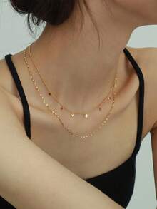 Nooxian 1pc Stainless Steel Silver Double Layer Multi-Rhombus Tassel Shiny Petal Chain Necklace, Women's Necklace For Vacation Wear (Pendant Quantity Random) - Yellow Gold - View 3