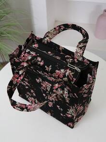 New Arrival, Thickened Floral Print Fabric Tote Bag, Large Capacity Portable Lunch Box Storage Bag, Suitable For Work Commute, Carrying Lunch, Outdoor Shopping, Lunch Box Storage, Daily Use, Cloth Bag, Lunch Bag, Hand-Held Bag. Back To School Season, Retro Cooler Bag Waterproof For Women For Men For Picnic For School - Black - View 7