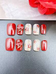 10片手工美甲贴纸，红色短梯形，香氛风格，法式美甲，按压式美甲贴，适合新年、情人节、UV灯美甲、夏季、日常佩戴，优雅设计，高端法式风格，凝胶指甲油，闪粉，猫眼效果，金属光泽，全覆盖假指甲贴纸，美甲用品 - 紅色 - 查看 5