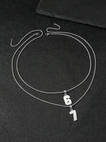 2pcs Minimalist Stainless Steel Black Arabic Number 67 Pendant Necklace Set With Stainless Steel Chain, Gift & Daily Wear For Men - Stainless Steel Number Necklace Set - View 6