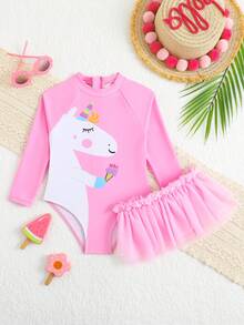 Young Girl' Cute Unicorn Cartoon Print Mesh Swimsuit Set - Pink - View 2