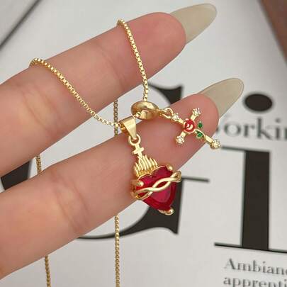 1 pieza Collar con colgante de Corazón Sagrado Rojo/Cruz de Rosa, joyería de moda casual para mujer, adecuado para uso diario/regalo del Día de San Valentín