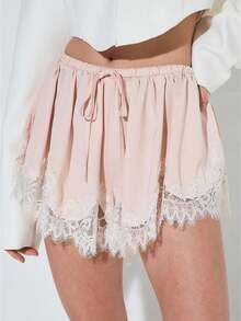 Women Spring And Summer Satin Silk Lace Shorts Low Rise Micro Mini Shorts Irregular Hem Coquette Lounge Half Slip Pj Bottoms French Knickers - Hồng - Xem 1