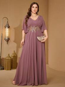 UNITHORSE Vestido de noche de gasa con cuello en V, mangas con volantes y aplicación en la cintura - Rosa vieja - Ver 5