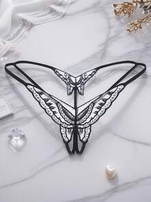 Plus Size Sexy Embroidered Open Crotch Thong Panties For Women, Sheer T-Back Underwear With Embroidery And Beaded Sequins, Luxurious Shiny Design, Bold Open Crotch Style, Lightweight Transparent Mesh Fabric, Seamless Invisible Fit For Daily Wear And Special Occasions - Black - View 5