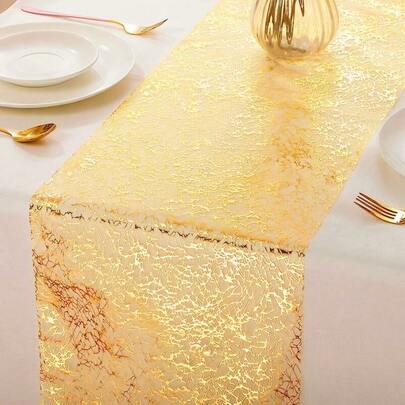 1 Roll Gold Metallic Organza Table Runner, Rectangular Polyester Gold Table Runner, Decorative Cloth For Christmas, New Year, Valentine's Day And Other Holiday Celebrations, Elegant And Fashionable, Suitable For Birthday, Wedding, All Seasons