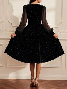 闪亮拼接优雅派对网纱拼接拉链正式秋冬晚宴天鹅绒圆领长灯笼袖A字中长连衣裙，适合日常晚宴、约会、正式场合穿着。 - 黑色 - 查看 4