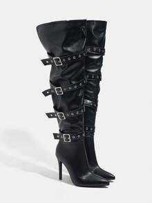 Women's Pointed Toe Side Zipper Autumn/Winter Boots, Leather Boots, Slip-On Pull-On Over-The-Knee Boots, Waterproof Platform Buckle Sexy Nightclub Pants Boots, Party Banquet Over-The-Knee Boots, Leather/PU Boots, Black Boots - Black - View 5