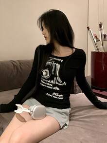 Women's Casual Slogan Print Fitted Long Sleeve T-Shirt - Black - View 5